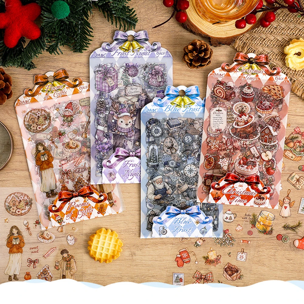 6Pcs Sheets Fairy Tale Christmas Day Sticker Cute Cartoon Animal Holographic Decals for Scrapbooking Journal Planner DIY Collage