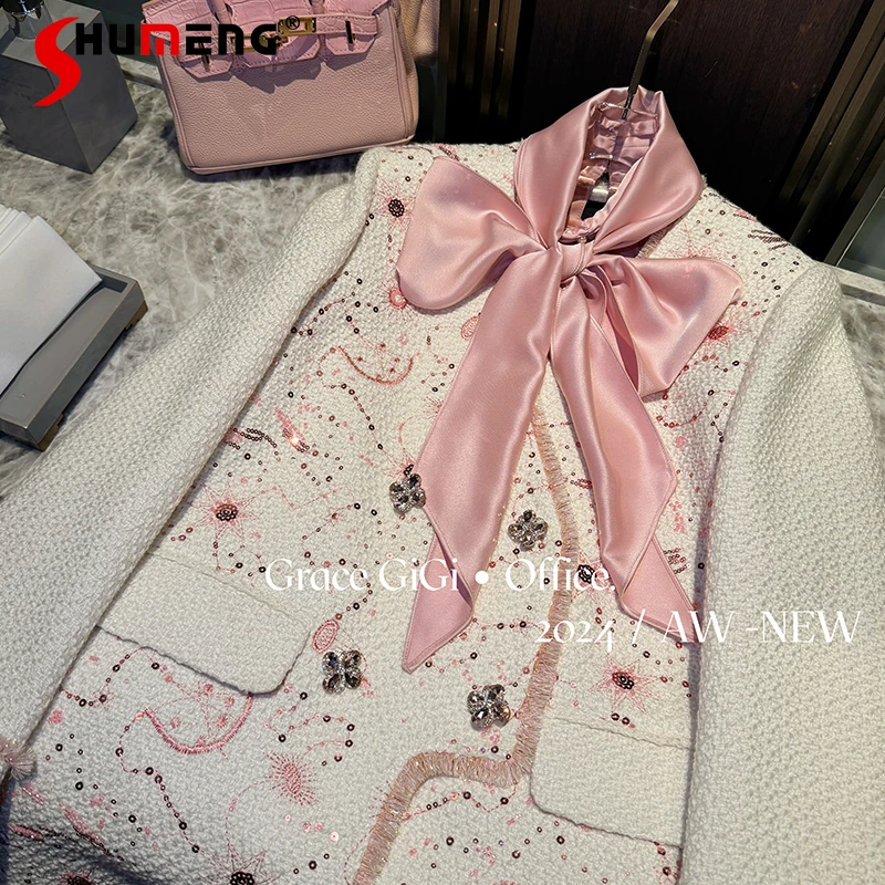 2024 Autumn New Original Small Fragrant Coats Women's Bow Long Sleeve Sequined Beaded Diamond Medium Long Coat Feminine Blends