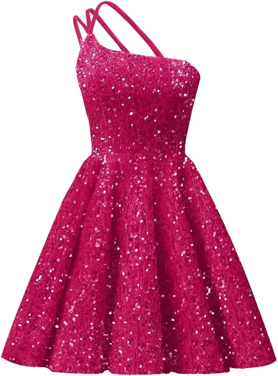 

Teenage One Shoulder Glitter Back To School Dress Short Sweetheart Party Ball Dress2025 Shiny A-line Formal Cocktail Party Dress