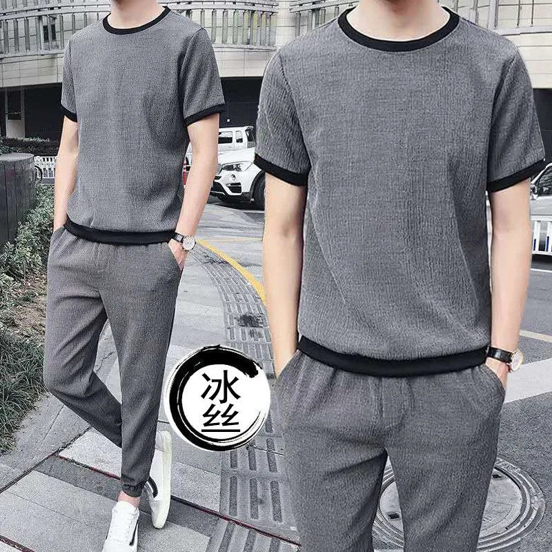 

Мужской летний комплект из ледяного шелка: повседневная спортивная одежда, футболка и брюки (девять предметов), модный молодежный комплект из двух предметов