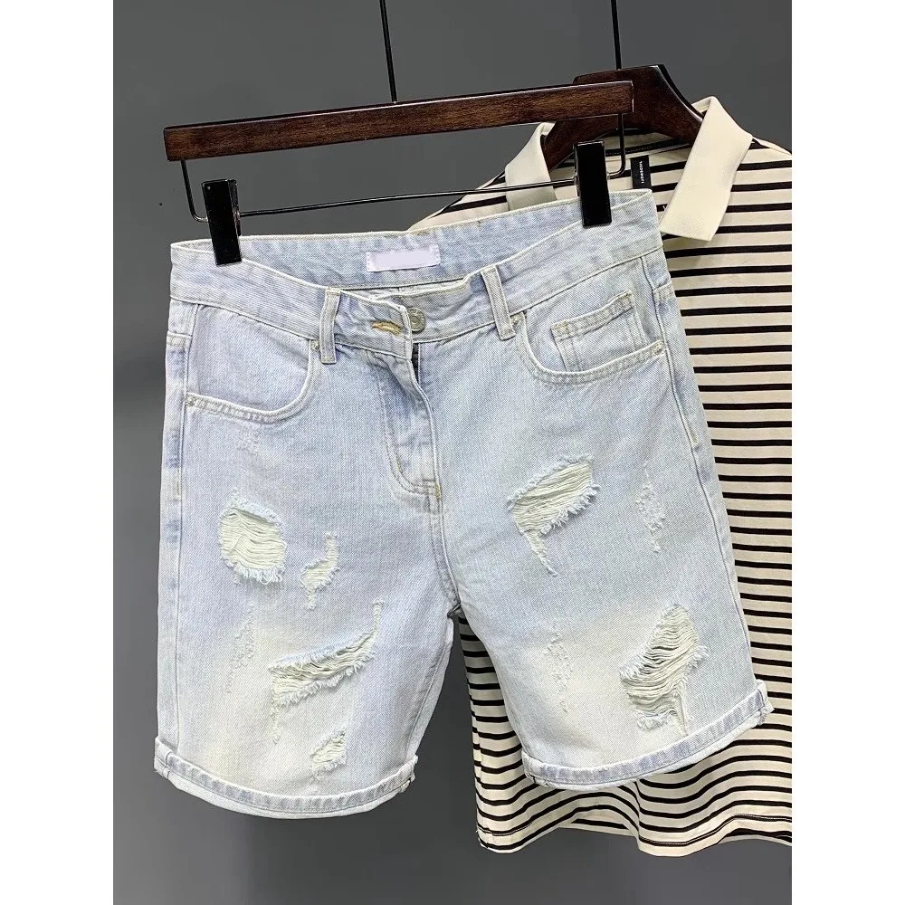 Men's Hole Distressed Denim Shorts For Summer Ripped Loose Five Points Mid-length Jeans Shorts view 2