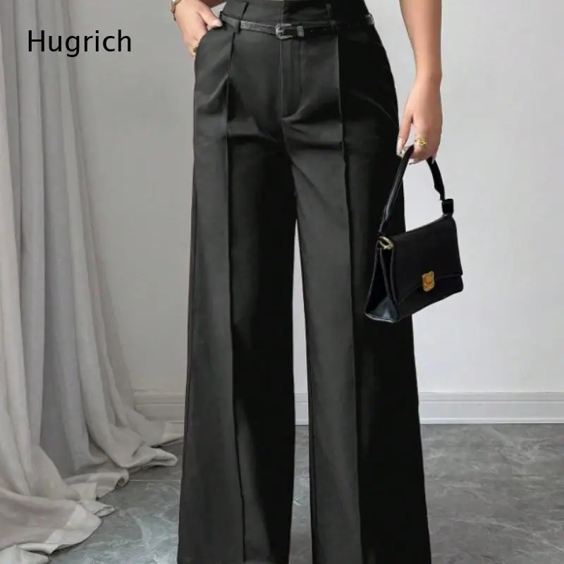 Minimalist Solid Pants High Rise Double Front Pleats Belt Included Side Pocket Smooth Fabric Office Wear Bottoms