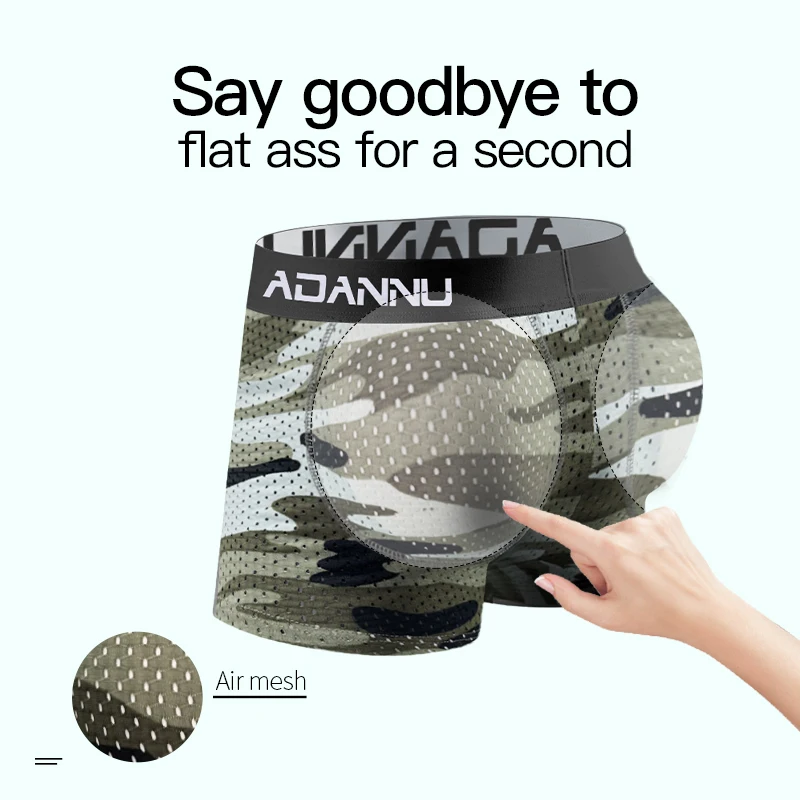 الرجال التمويه شبكة الورك وسادة زاوية مسطحة السراويل الملابس الداخلية الملاكم القطن لينة السراويل مرونة عالية شريط مرن الذكور سراويل