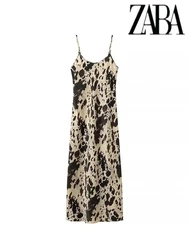 TRAF Women's Silk Textured Leopard Midi Sleeveless Sexy V-Neck Backless Halter Dress Street Fashion Loose Women's Dresses