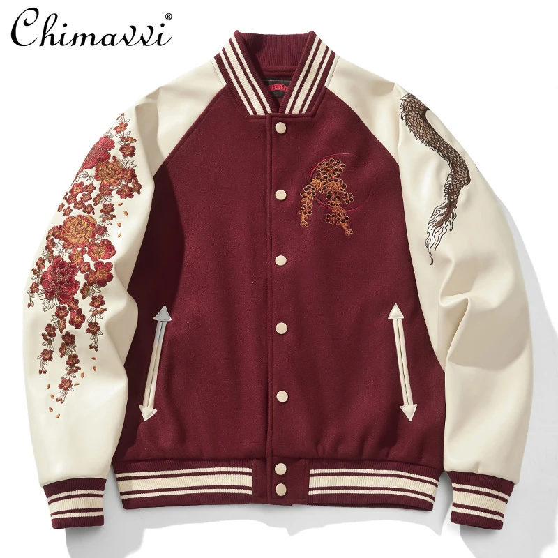 

Dragon Embroidery Heavy PU Leather Sleeve Baseball Jacket Men's Winter New Fashion Yokosuka Loose Jacket Thickened Jackets Coat