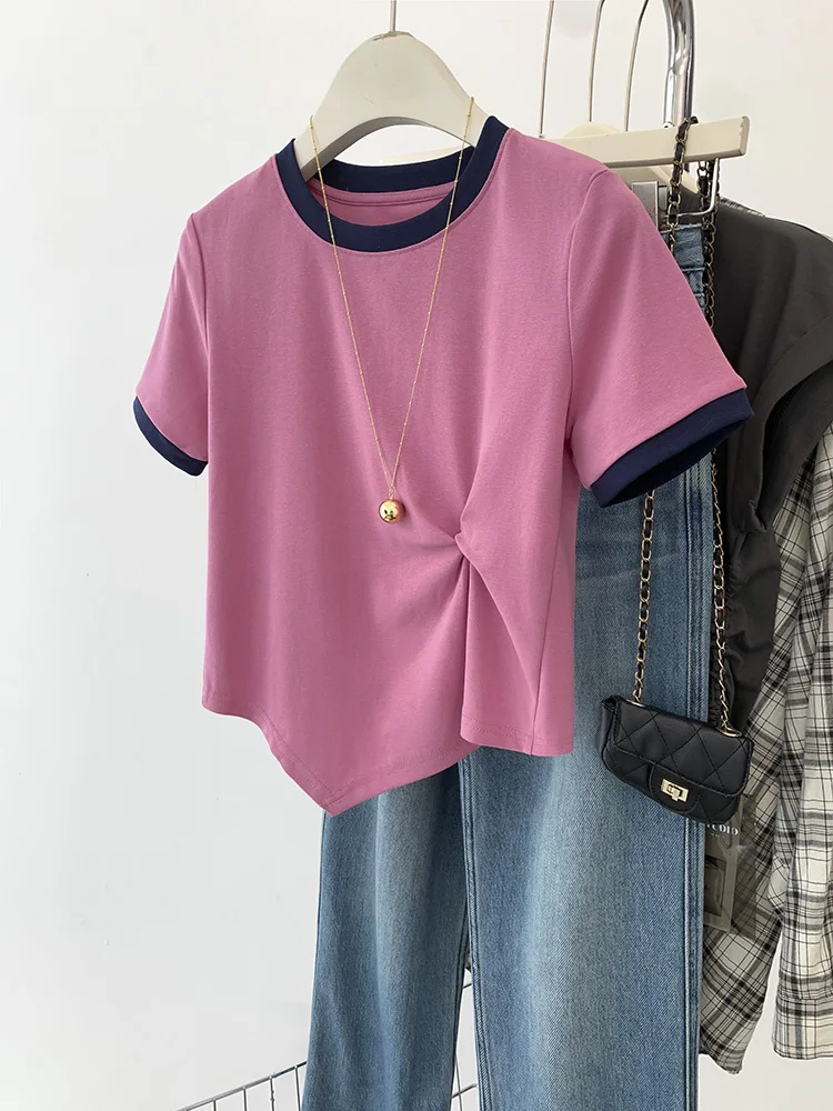 

2024 Summer Women's Round Neck Pullover Contrast Color Short Sleeve T-shirt Fashion Casual Commuter Irregular Short Tops