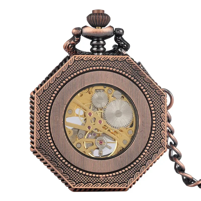 Vintage Red Copper Octagon Design Clock Skeleton Handwinding Mechanical Pocket Watch for Men Women Roman Number FOB Chain