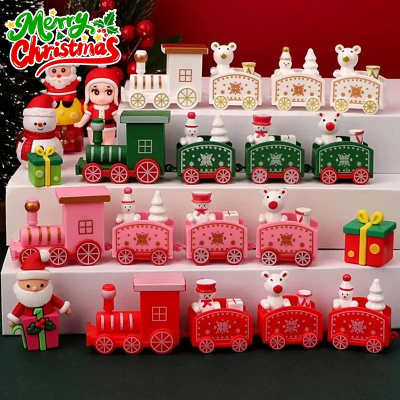 Conjunto de mini trem de férias com ornamento de boneco de neve, decoração pequena de trem de natal de plástico para mesa de natal, decoração festiva de casa