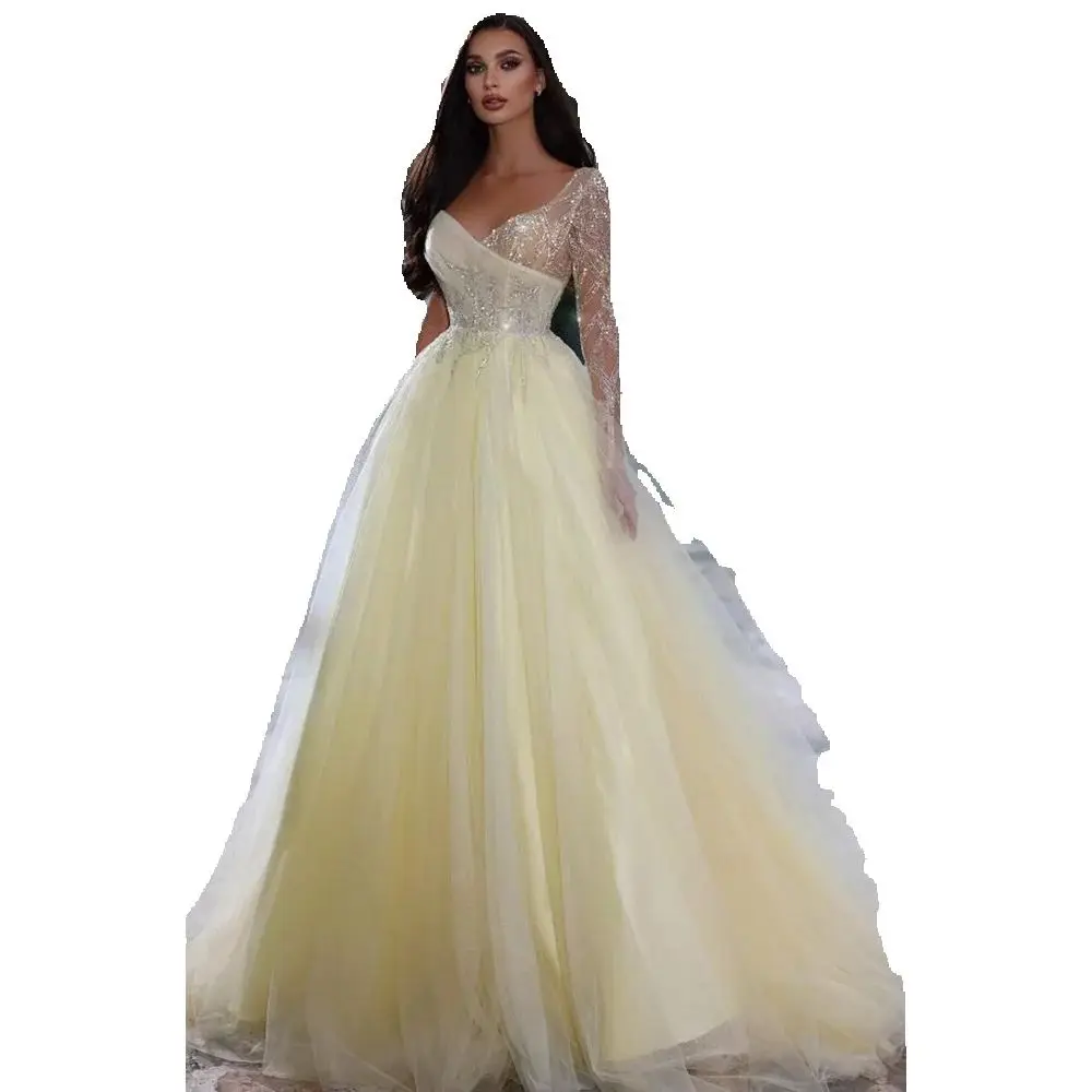 Vestidos de fiesta amarillos elegantes y elegantes para mujer, escote en forma de corazón, mangas completas, brillantes, hasta el suelo, vestidos de fiesta de noche inteligentes de alta gama