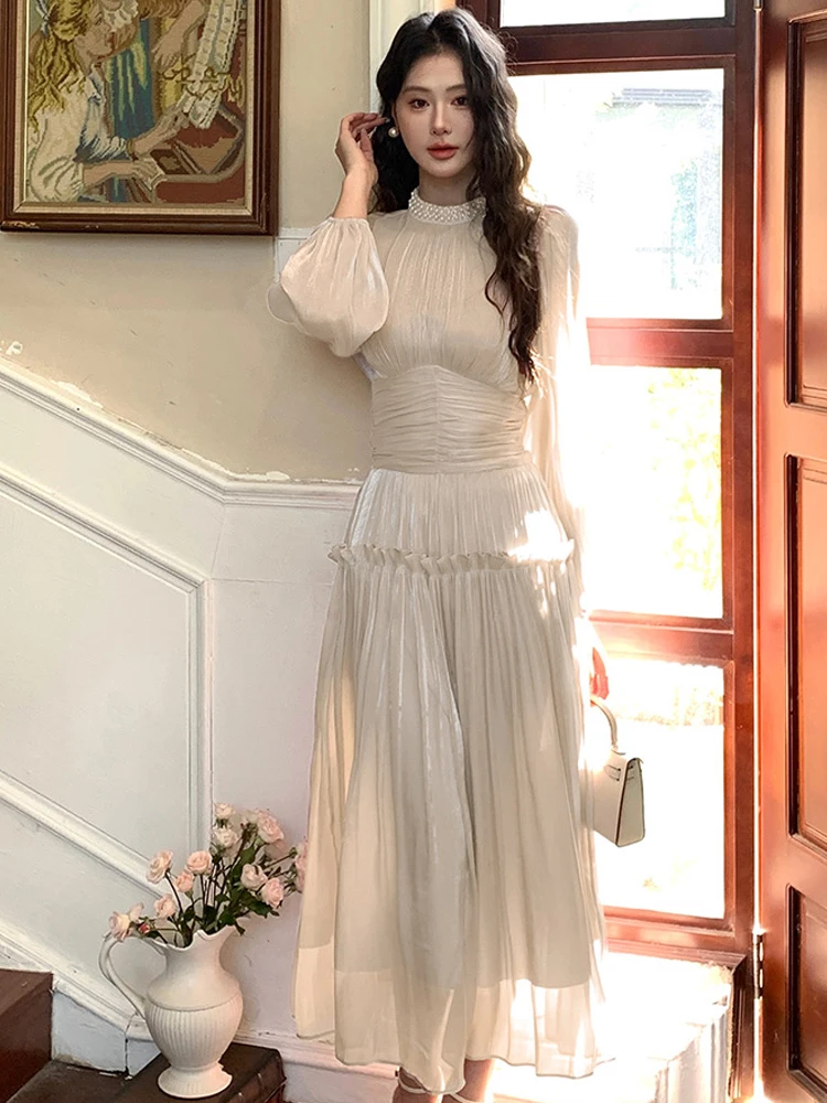 ชุดเดรสยาวสไตล์ฝรั่งเศสสำหรับงานพิธีการ ผู้หญิง เสื้อผ้าวินเทจ หรูหรา ประดับมุก จีบระบาย ชุดราตรีงานเลี้ยงวันเกิด งานพรอม