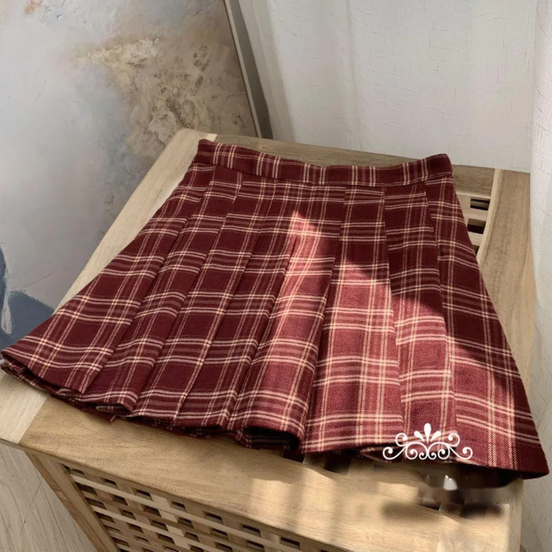 Vintage Checkered Pleated Skirt Women Korean Fashion Short Mini Skirts Winter Summer High Waist Slim A-line Skirt JK Red Black