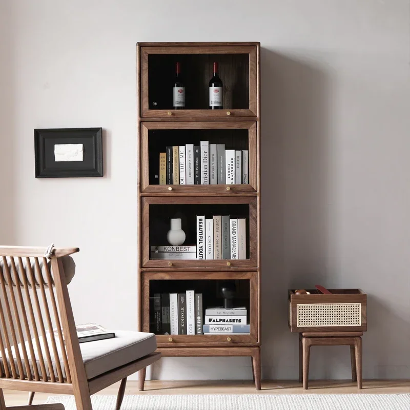 Black Walnut Wooden Liquor Cabinet Display Cabinet Wall with Light Locker Study Storage Bookcase