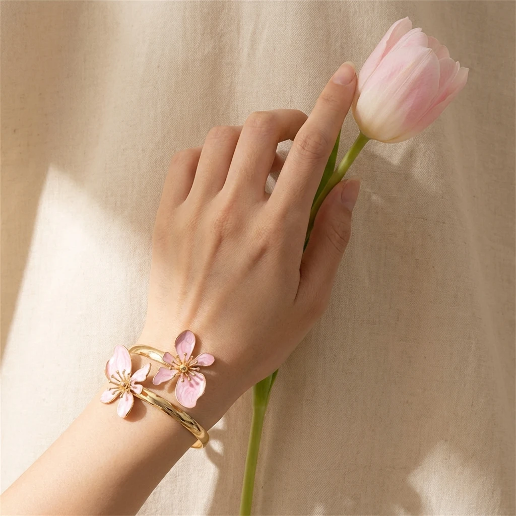 Großhandel Romantische Rosa Emaille-Blumen-Armbänder für Frauen Vintage Goldfarbene Florale Offene Manschettenarmbänder Elegante Schmuckgeschenke – Detail 2