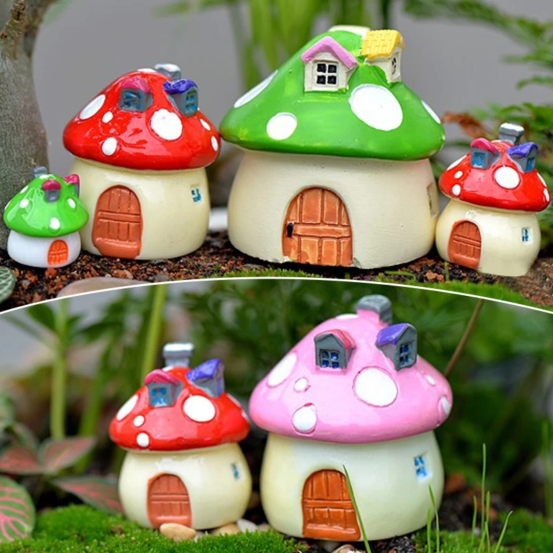 1Pc Mushroom House Resin Fairy Garden Craft Decoration Miniature Micro Gnome Terrarium Mediterranean House Castle 4 Sizes