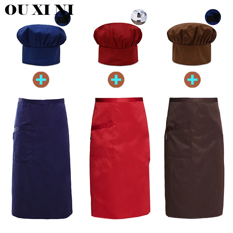 Solid Color Chef Apron Hat Restaurant High Quality Cooking Apron Hotel Custom Logo Apron Catering Serve Work Apron Mushroom Hat