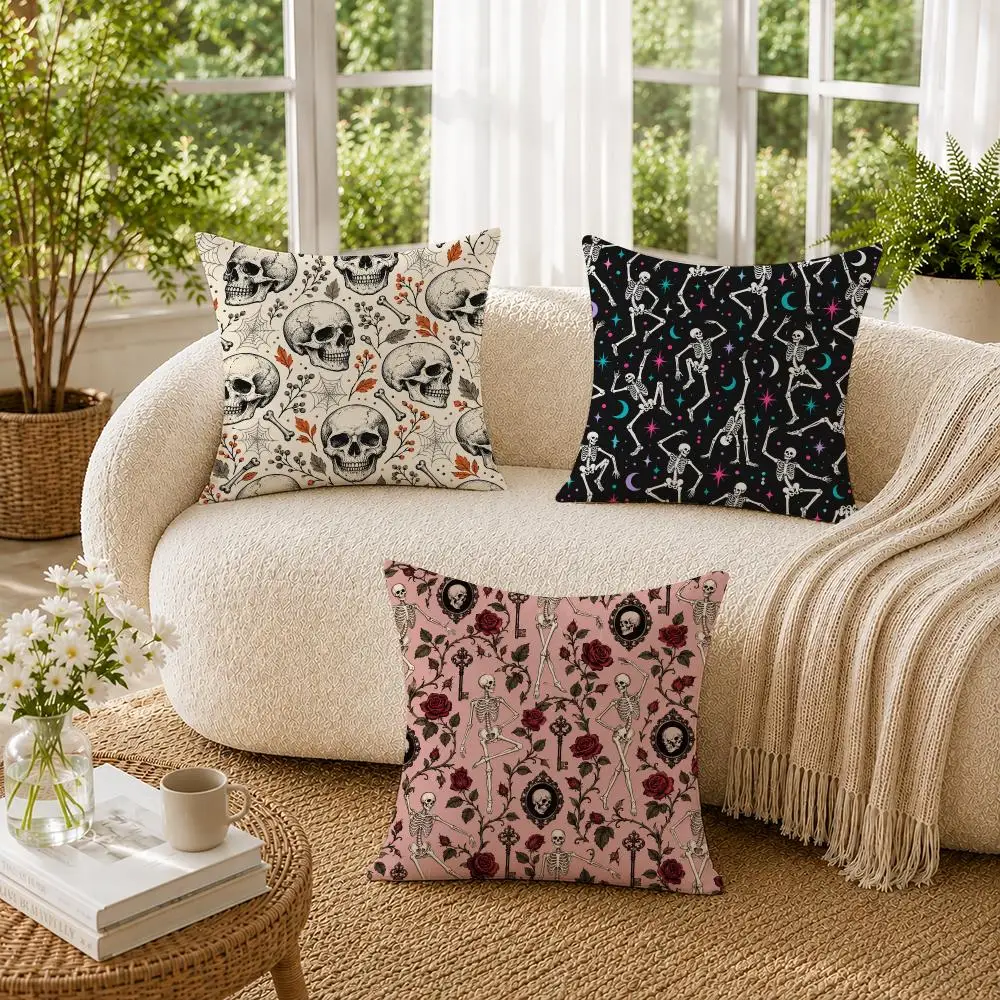 Dancing Skeletons Cushion Cover Soft Short Plush Pillow Cases Hidden Zipper Cutecore Sofa Bedroom Home Decor Gift