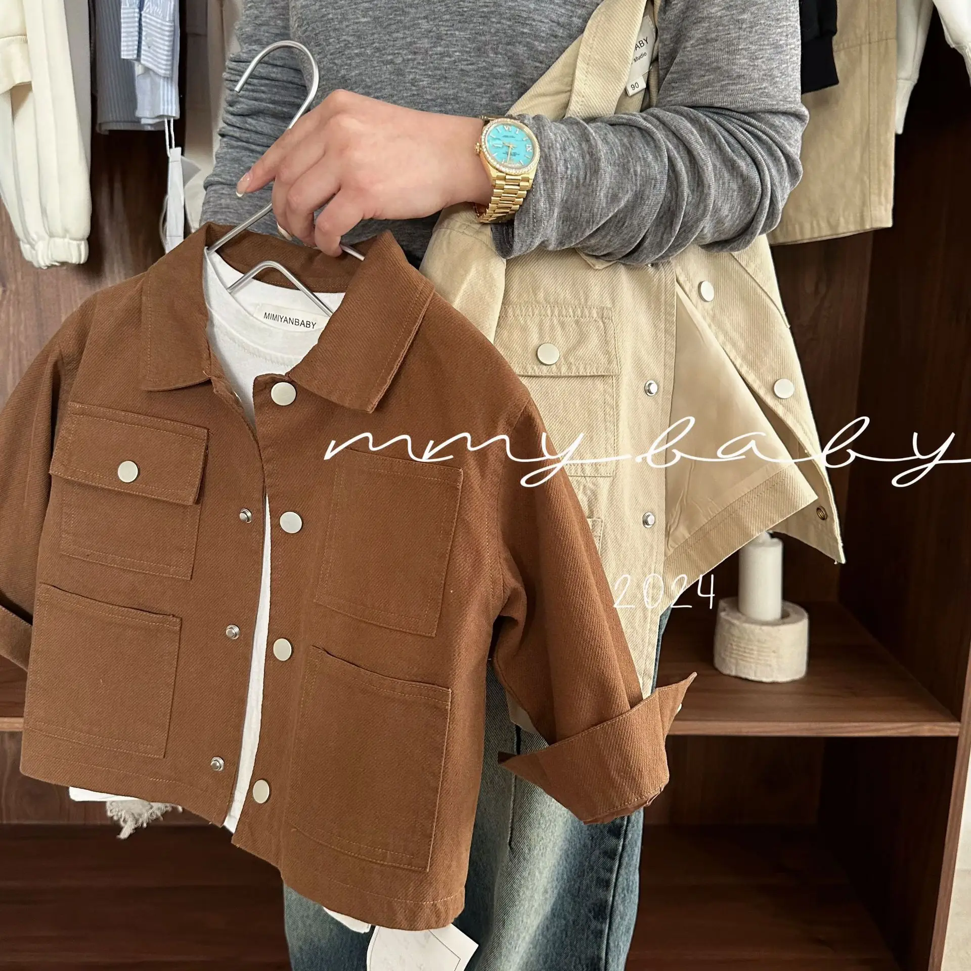 

Children's Shirt 2024 Spring New Boys' and Girls' Light Board Solid Color Shirt Baby Cargo Pocket Shirt