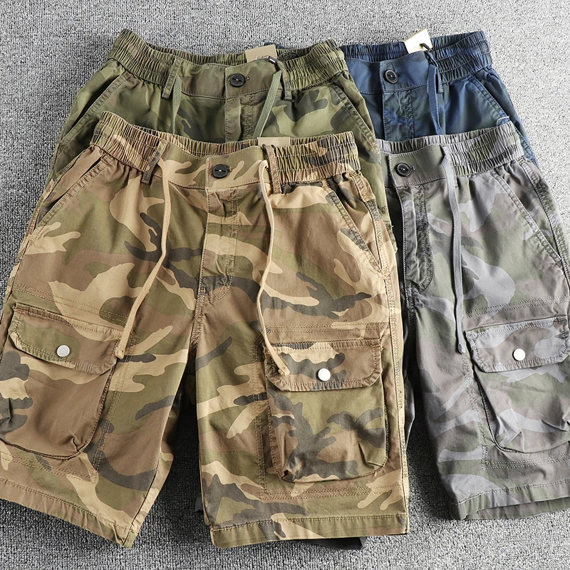 Heavy wash to do old camouflage cargo casual shorts men\'s American retro trend summer new loose straight pants