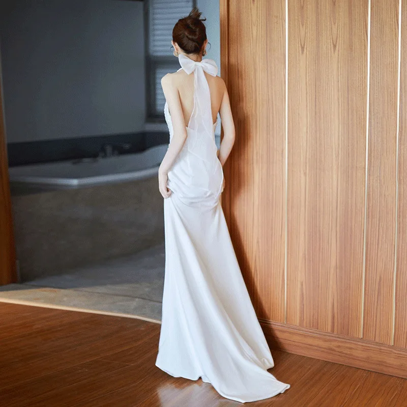 Легкое свадебное платье во французском стиле, атласное нишевое платье для невесты, элитное утреннее платье с лямкой на шее и открытой спиной, уличное платье с вуалью и воротником с пайетками