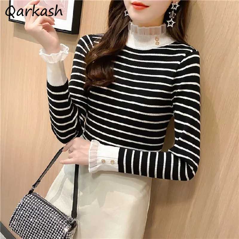 Striped T-shirts Women Knitted Spring Ruffled Elegant Retro 4 Colors Cozy Tops All-match Leisure Fashion Female College Tee New