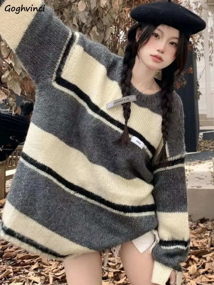 

Vintage Stripes Sweaters Women Loose O-neck Harajuku Panelled Chic Autumn Casual Long Sleeve Knitted Pullovers Korean Fashion BF