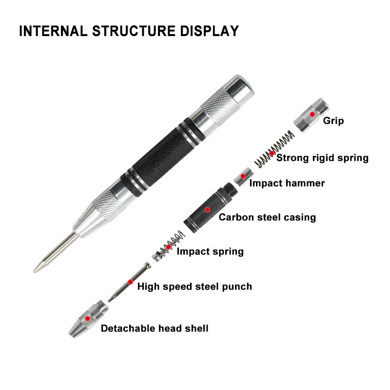 128 мм деревообрабатывающий центральный пуансон, автоматический пружинный локатор, стеклянный ударник, разбитое окно, серебристый, черный, автоматический инструмент для пробивания образцов