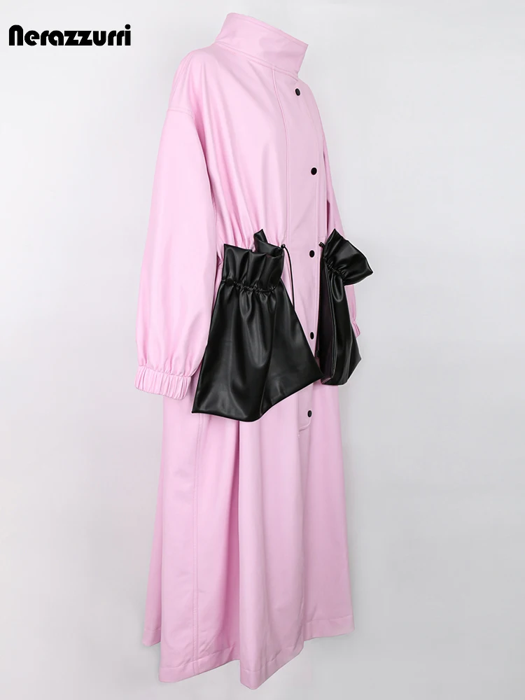 Nerazzurri primavera autunno lungo oversize rosa e nero Color Block Trench in pelle Pu per donna abiti firmati di lusso 2024