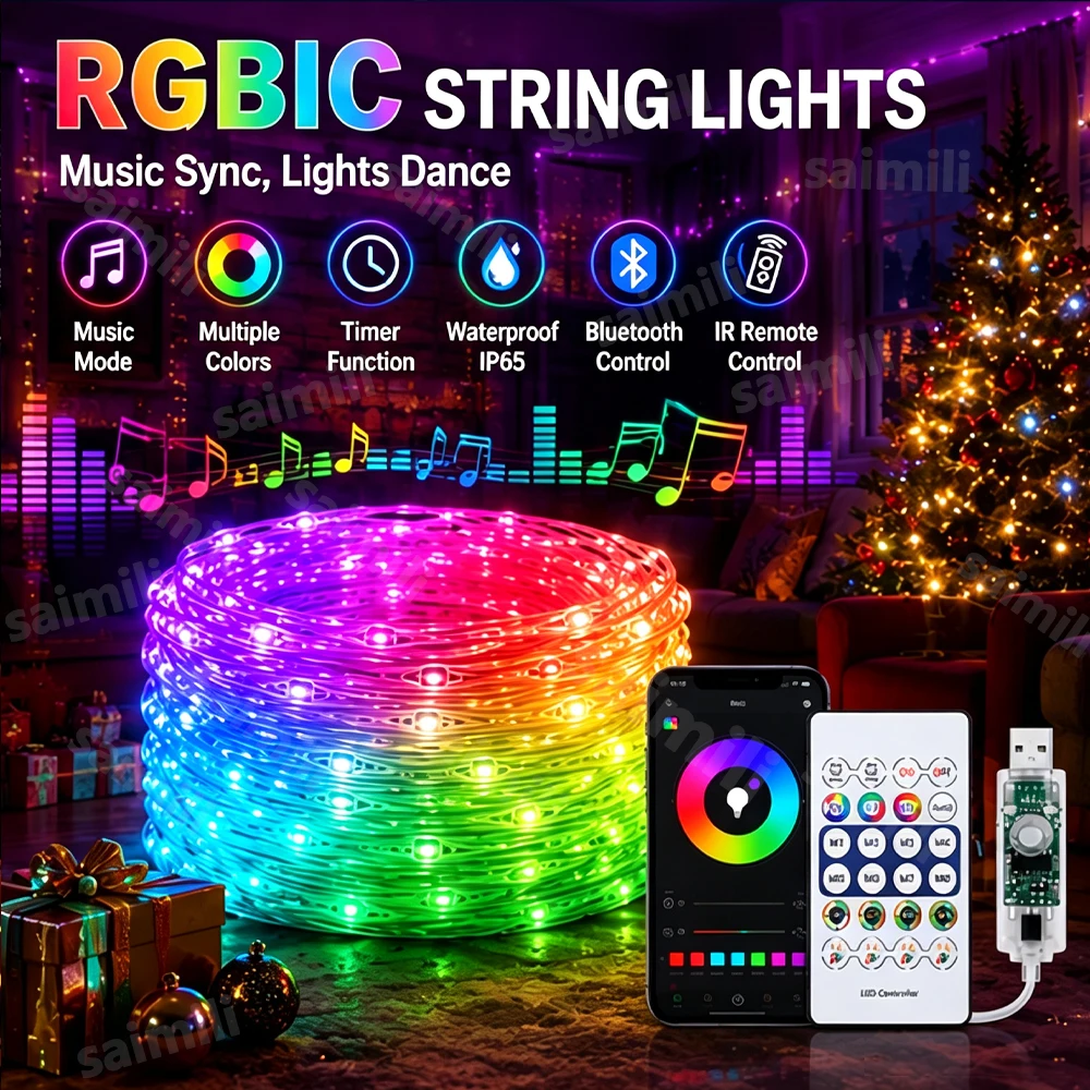 Addressable WS2812B RGBIC LED String Lights 5V USB Bluetooth APP Control Music Sync For Home Holiday Party Decorative Lighting