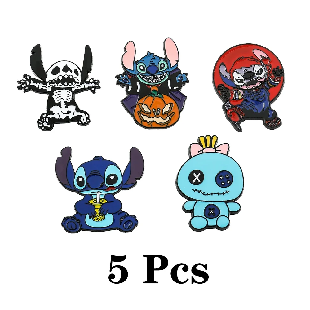 Disney 5 Pcs Cartoon Anime Lilo & Stitch Brooch Cute Scrump Angel Lapel Pin Fashion Animal Metal Enamel Badge Jewelry Backpack C