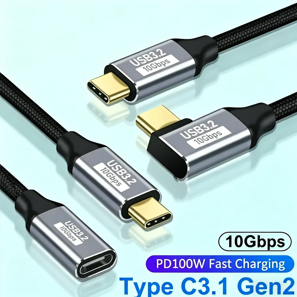 100W PD 5A Typ-C 3.1 Gen 2 USB-Verlängerungskabel, 90-Grad-Winkel, 10Gbps USB-C Extender Datenkabel, Schnellladekabel