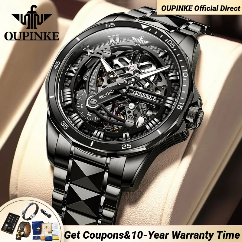 

OUPINKE 3178 Black Tungsten steel Men's Watch Hollow Automatic Mechanical Movement Trend Man Wristwatches Original Watches NEW