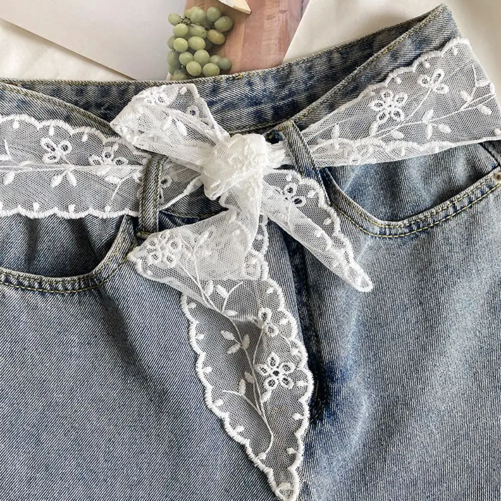 Korean Sweet Lace Waistband Long Y2k Gauze Waist Belt Bow Thin Dress Jeans Belt Spicy Girls