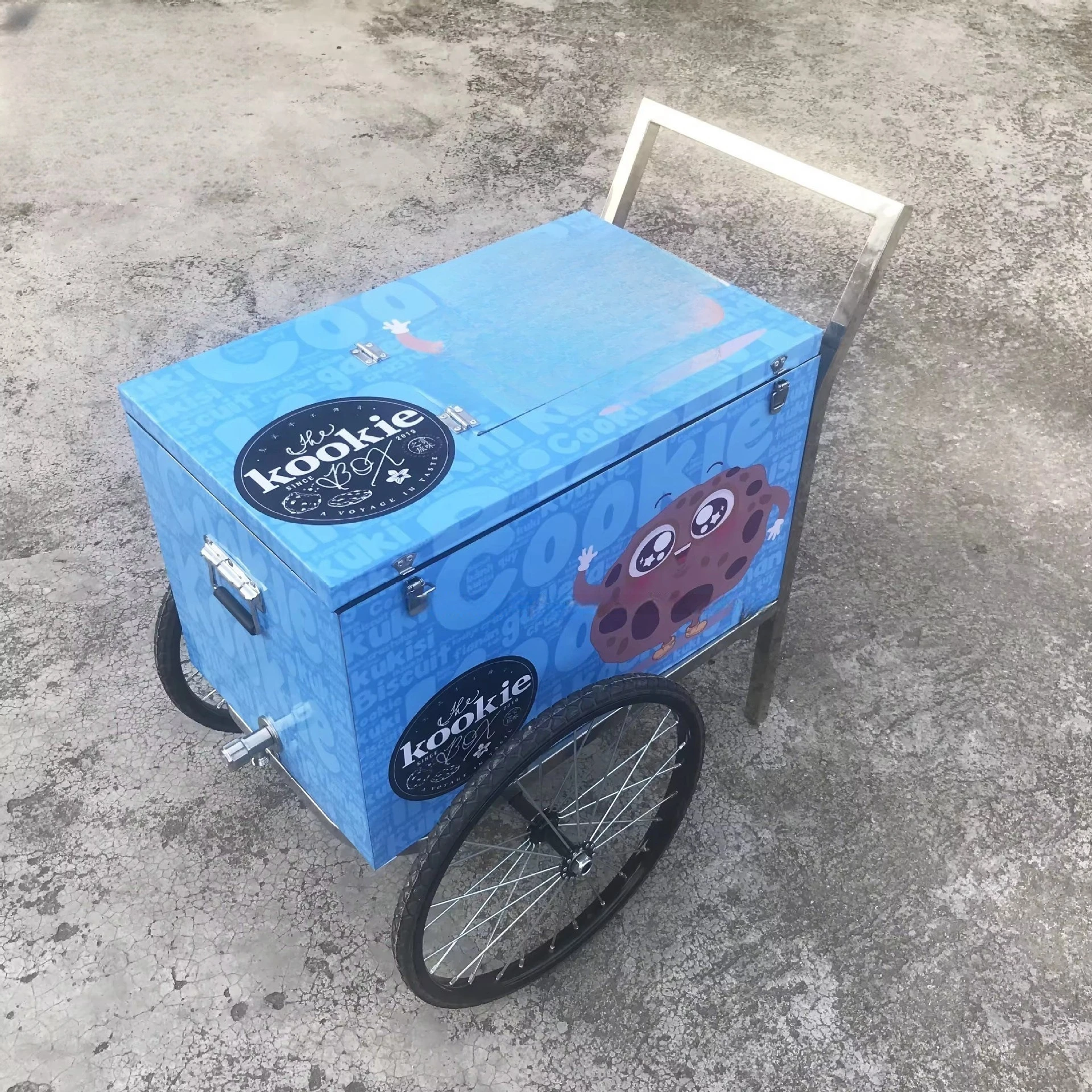 

Stainless steel ice cream two-wheeled trolley mobile vending snack cart, removable