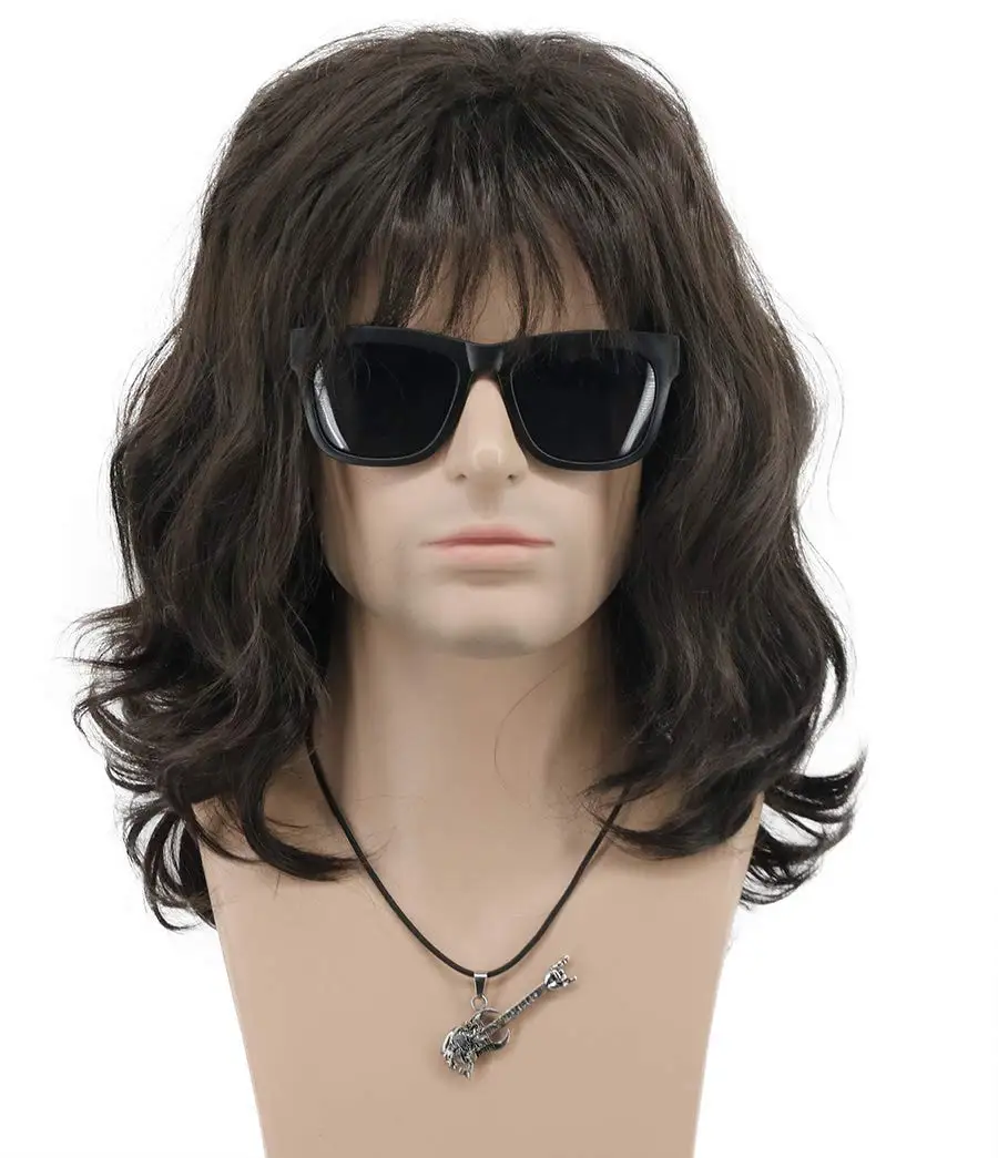 70s 80s Punk Rocker Party California Wigs Men Women Long Wave Dark Brown Halloween Costume Cosplay Wigs
