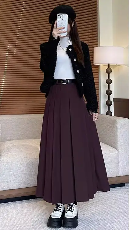 

Женская юбка средней длины высшего качества — коллекция осень/зима. Высокая талия, универсальная, для похудения, плиссированный дизайн с поясом,