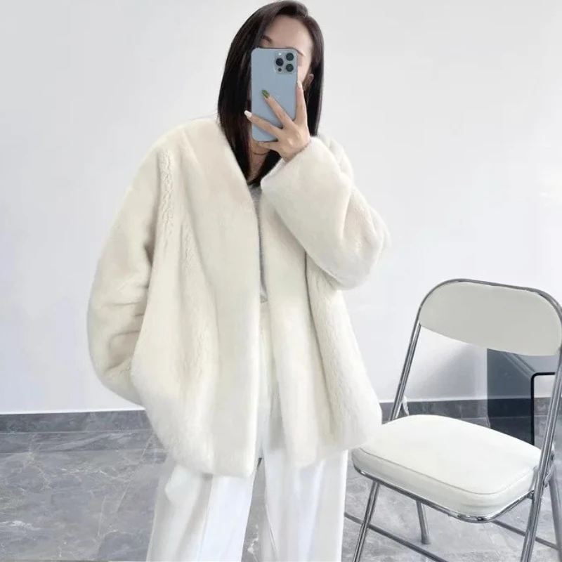 

Faux Fur Coats Women V Neck Short Coat Thick Warm Jackets Y2k Streetwear Elegant Work Open Stitch Outerwear Autumn Winter Jacket