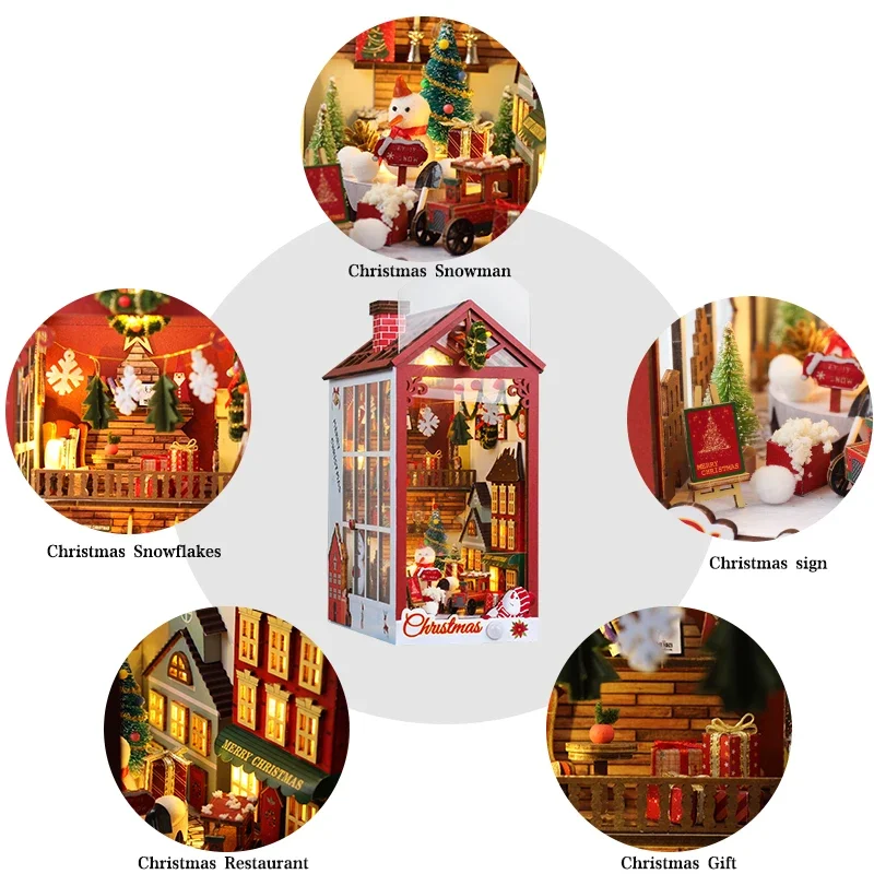 Wooden Christmas Doll House Kits Bookshelf Insert Decor With LED Light 3D Puzzle Assembly Model Bookend  For Children Xmas Gifts