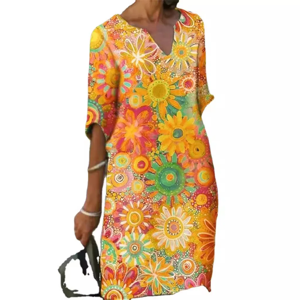 Mulheres primavera verão vestido impressão cor v pescoço mangas curtas casual moda bainha sexy confortável regular padrão ajuste vestido