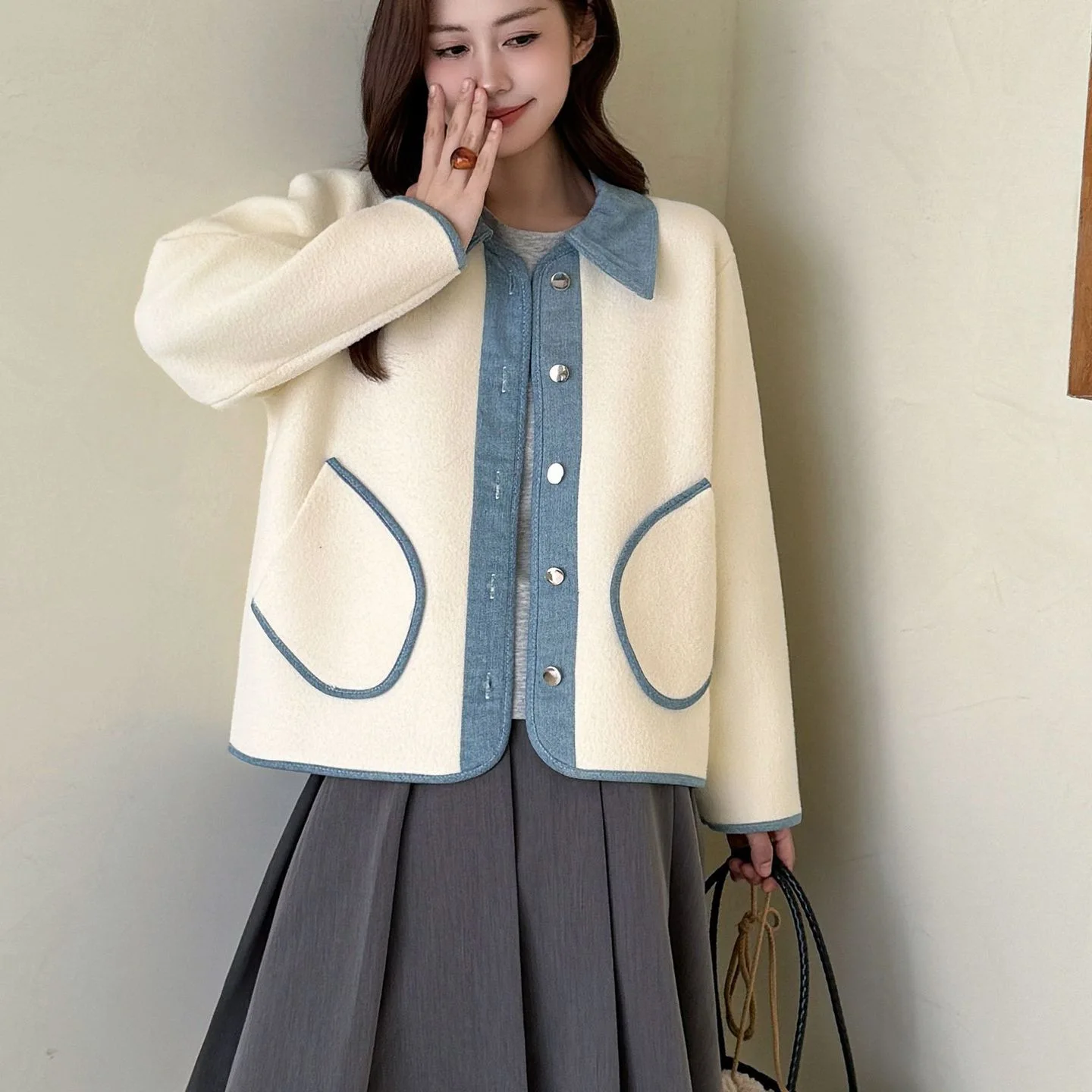 

Women Cardigan Coats Denim Splice Jackets Sweaters Turn Down Collar Casual Loose Y2k Streetwear Elegant Knit Autumn Winter