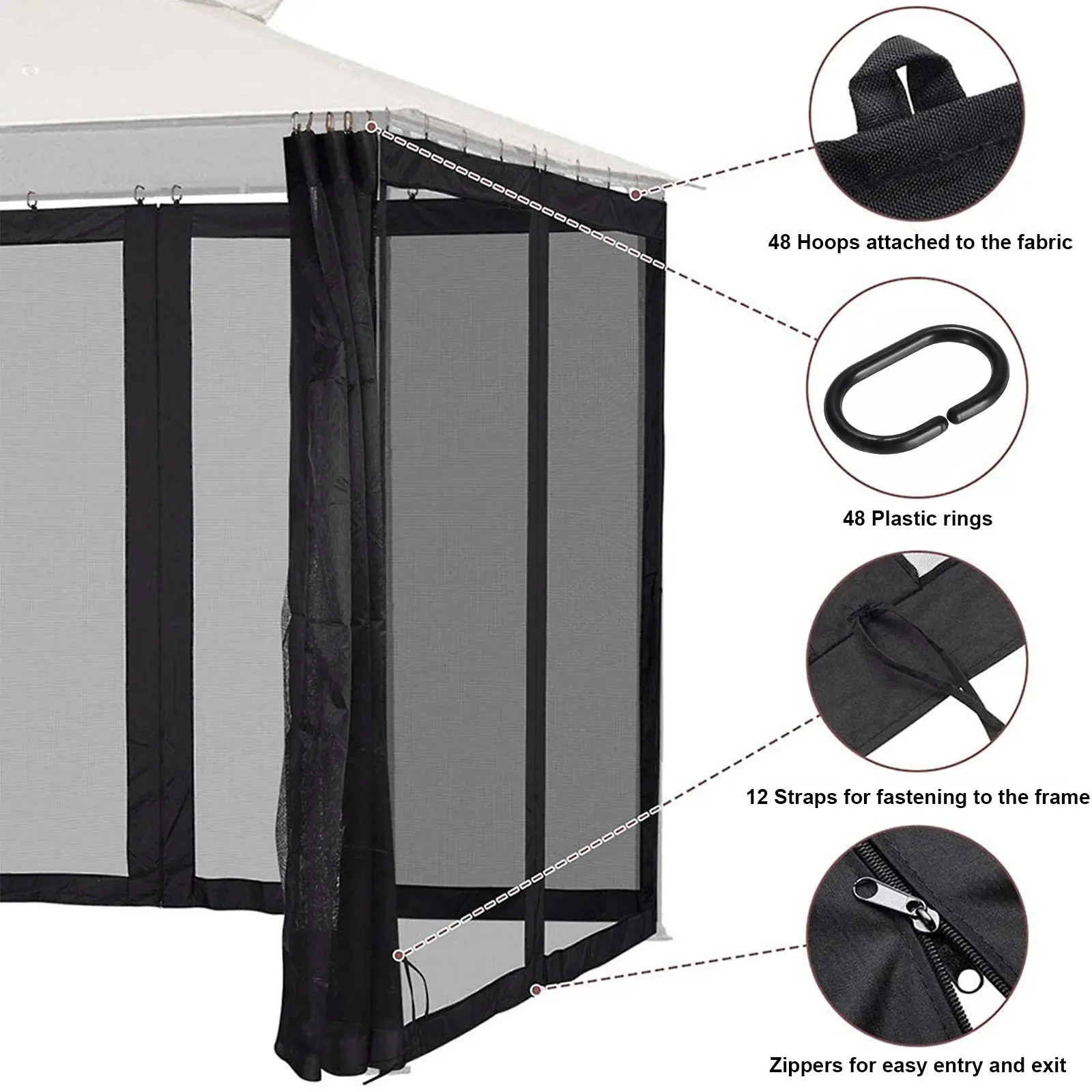 Outdoor Gazebo Mosquito Netting Universal Replacement, Canopy Net Screen, 4-Panel Sidewall Curtain with Zippers for Garden Patio