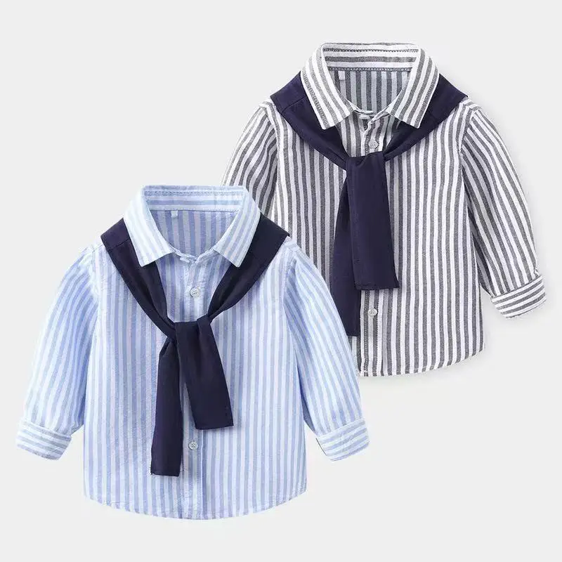 

Boys' Simple Spring and Autumn Fashionable Casual Shirt Children's New Long Sleeved Comfortable Western Style Shawl Striped Top