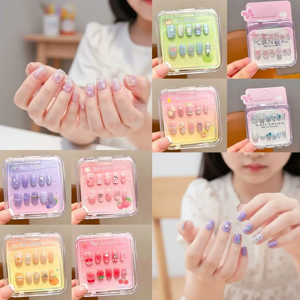 

Hot Cartoon Children Wearing Nails Cute Detachable Short Nail Sticker Cherry Bow Nail Tips for Girls Students