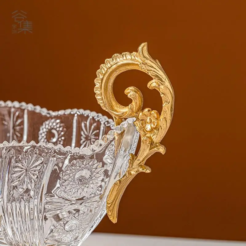 Crystal Glass Fruit Bowl Vintage Brass Fruit Plate Living Room Desktop Coffee Table Storage Tray Home Decoration Ornaments