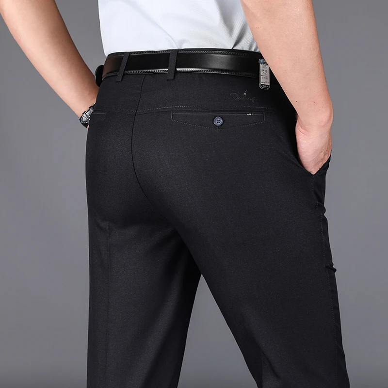 Pantalones de traje de oficina de alta gama para hombre, pantalones informales finos de seda de hielo, transpirables y sueltos, talla grande, mediana edad, Verano