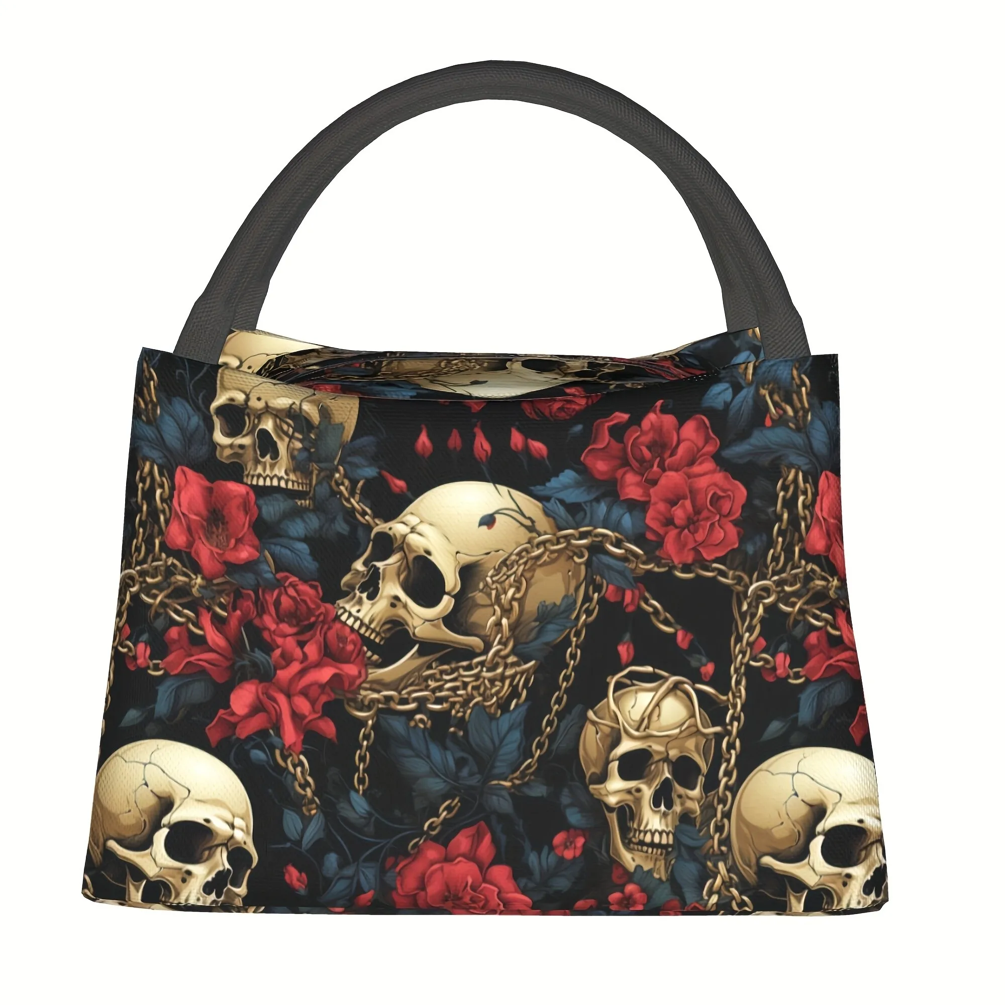 Gothic Skull Rose Chains Insulated Lunch Bag Durable Polyester Oxford Cooler Tote