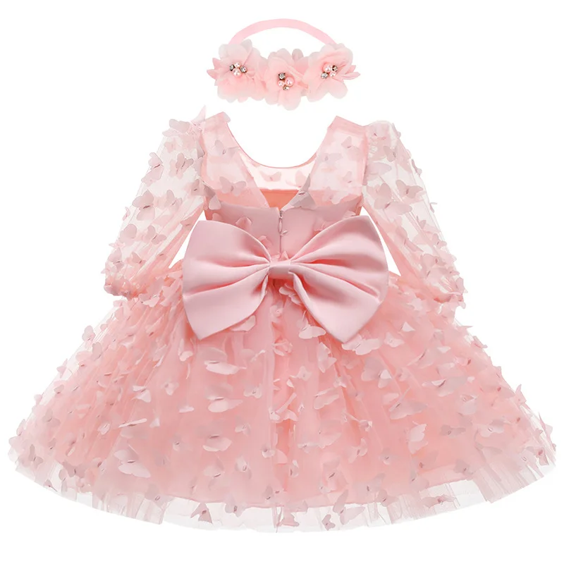 Vestido infantil de mangas médias, vestido de princesa fofo, vestido formal infantil, desenho tridimensional de flores, bebê e criança