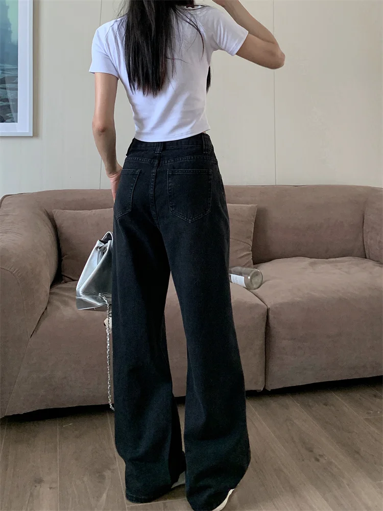 جينز للنساء بخصر عالٍ مقاس كبير وشكل متعرج كبير مريح أساسي بسيط للاستخدام اليومي متعدد الاستخدامات وعملي ثقيل كامل