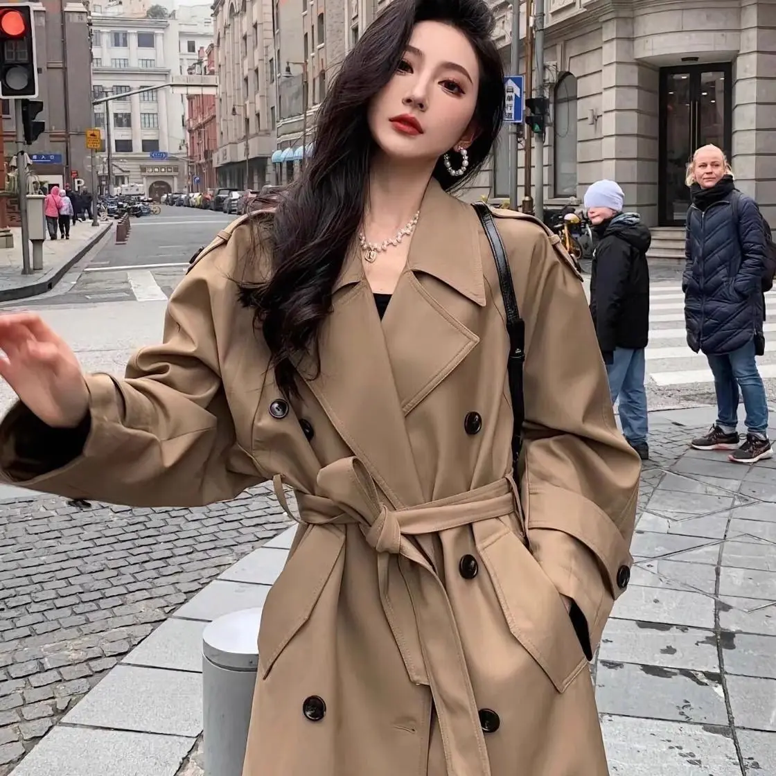 

Trench Coat Long 2025 New Spring and Autumn Khaki British Extended Casual Temperament Coat