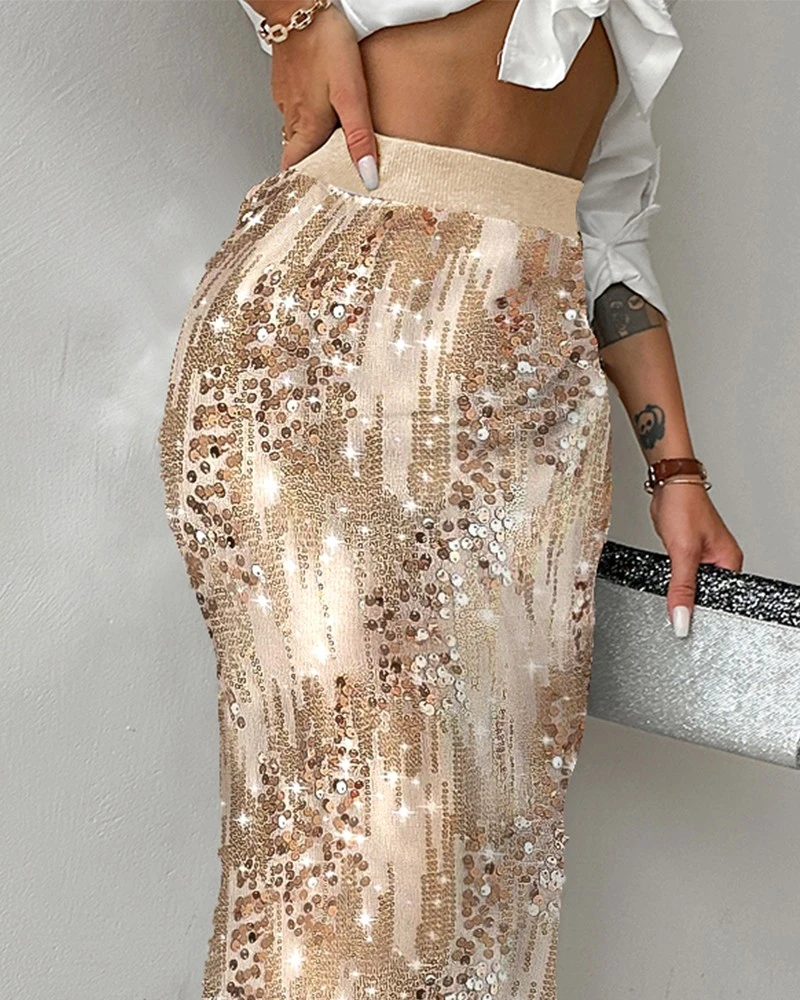 Skirts Women’s Queen Allover Sequin Stretchy Waist Side Slit Party Club Skirt New Daily Party Wedding Guest Ladies Bottoms