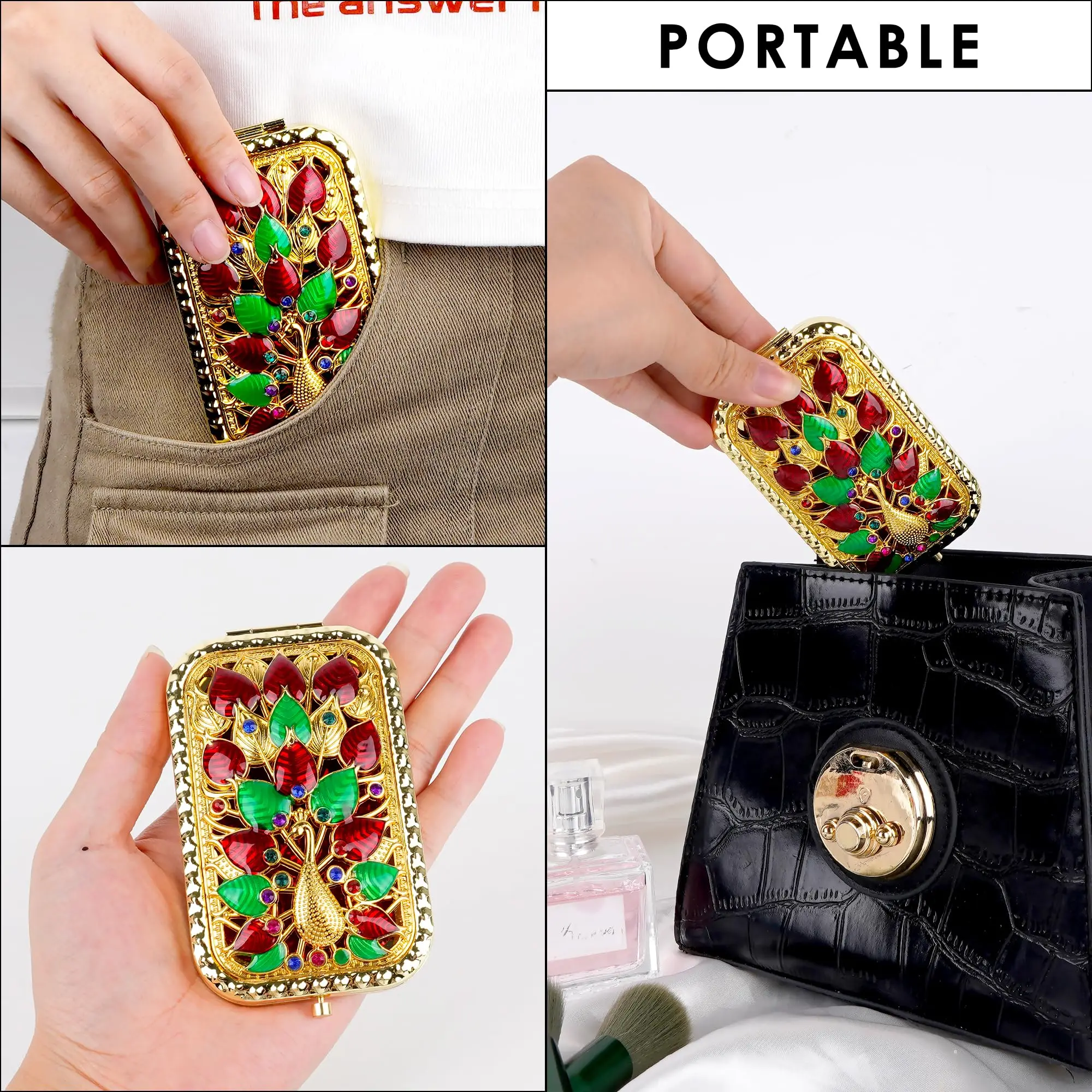 مرآة جيب عتيقة بتصميم طاووس ذهبي، مرآة مكياج مستطيلة مزدوجة الجوانب، مرآة تزيين، أداة تجميل للشرب #1